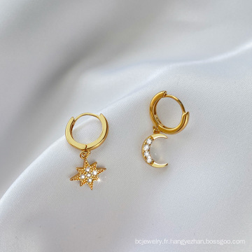 Shangjie OEM Stars Arete Moon Zircon Hoop 925 Sliver Earring For Women 2021 Vintage Style Trend High Quality 925 Boucles d&#39;oreilles en argent